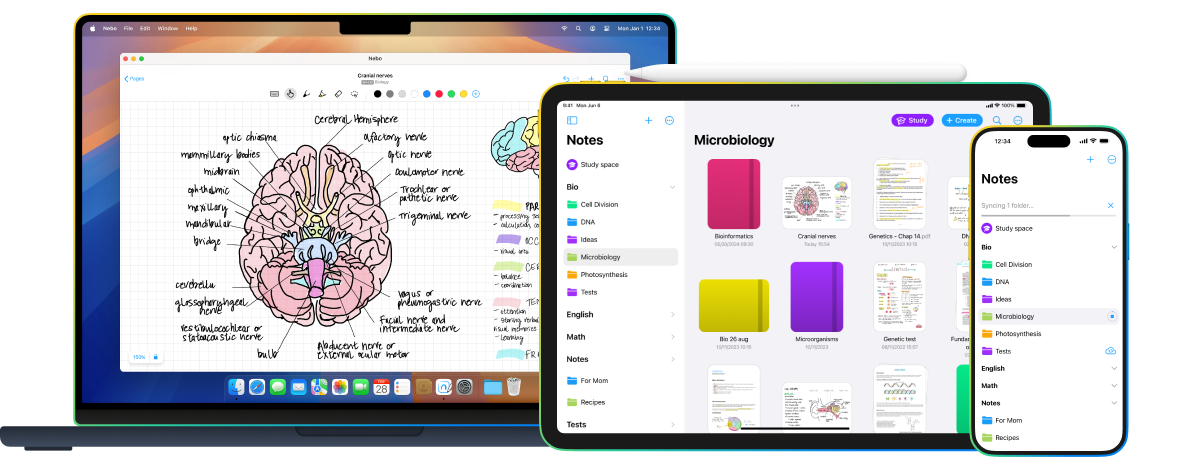 Three apple devices with nebo open